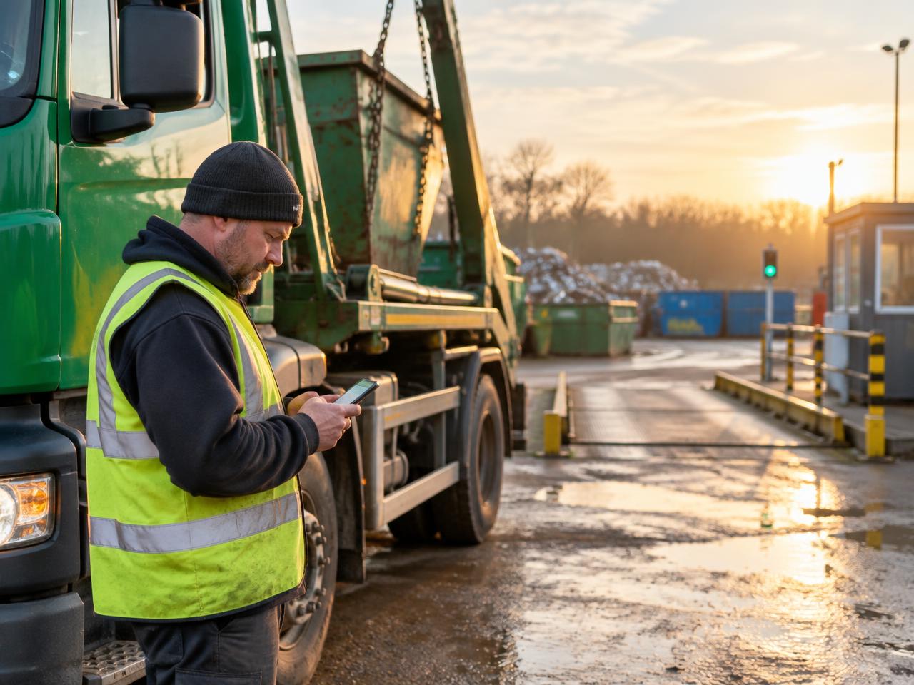Skip lorry driver using a digital waste tracking app in a UK waste yard